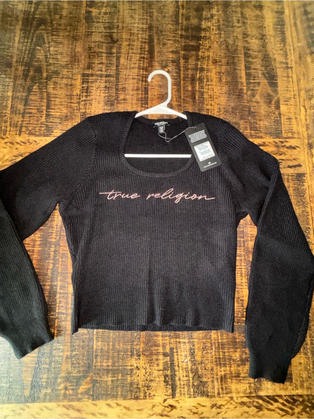 Black True Religion Women's Scoop Neck Sweater Top - Pink Script Logo